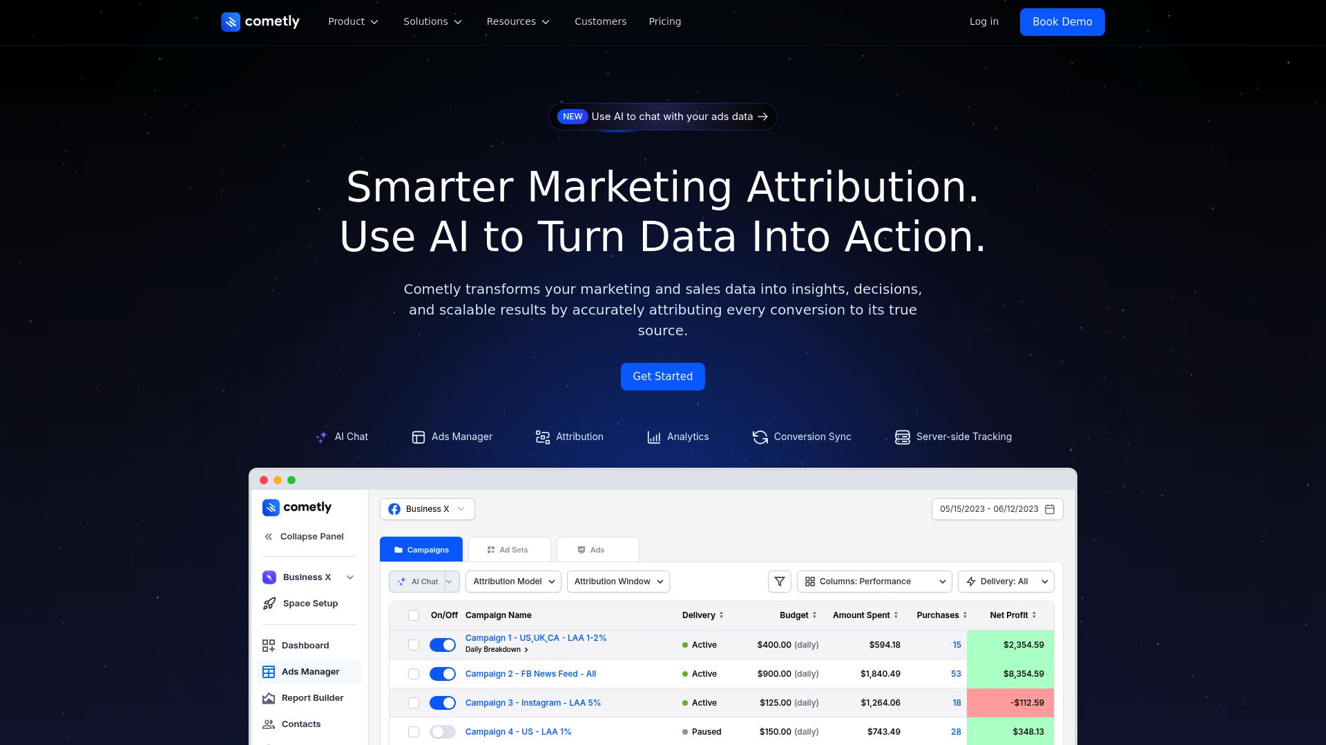 Cometly homepage hero screenshot