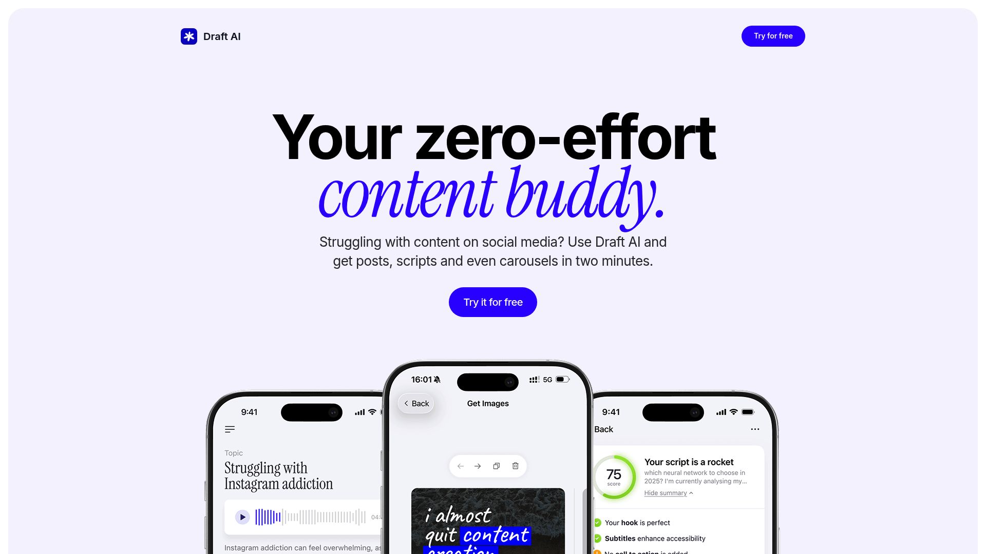 Draft AI homepage hero screenshot