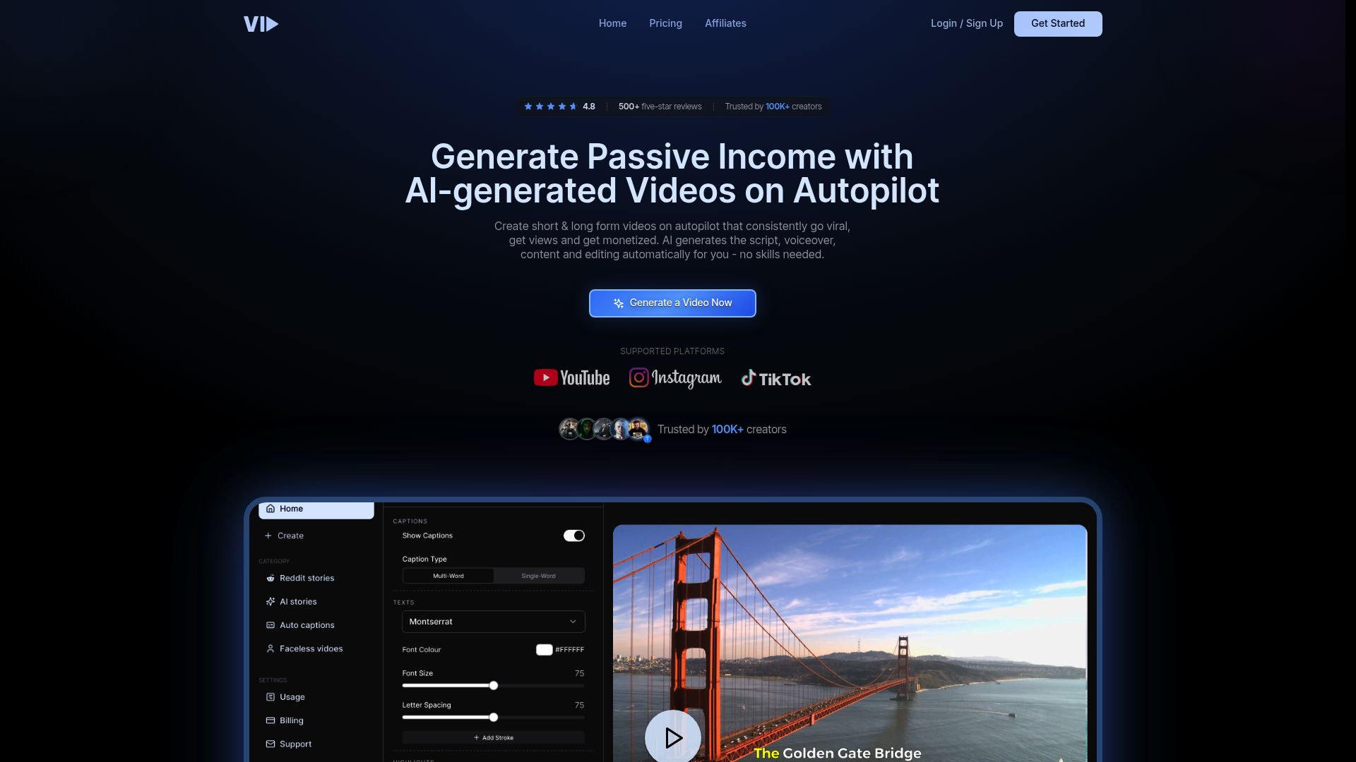 Vid.AI homepage hero screenshot
