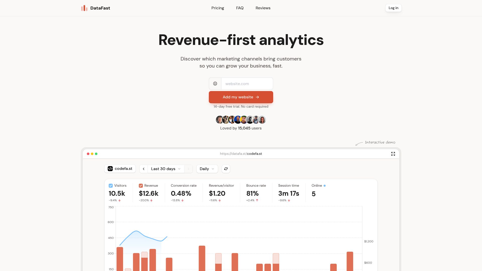DataFast homepage hero screenshot