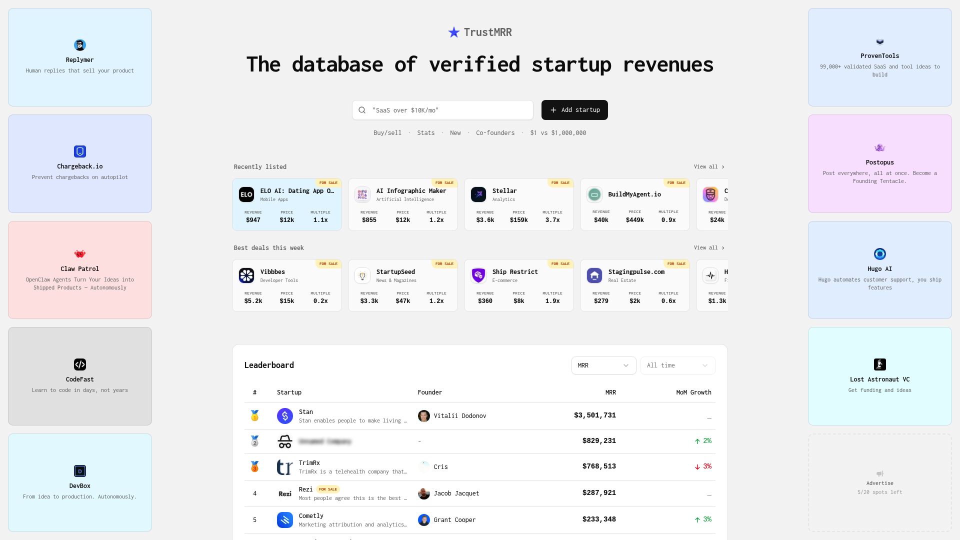 TrustMRR homepage hero screenshot